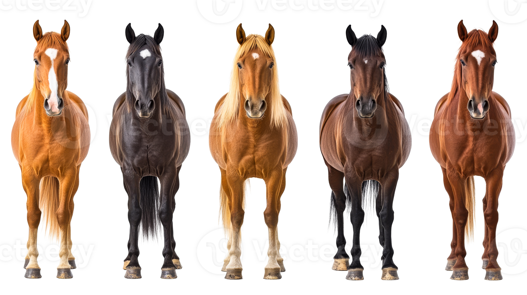 Five horses of different colors stand tall, majestic, cut out transparent png