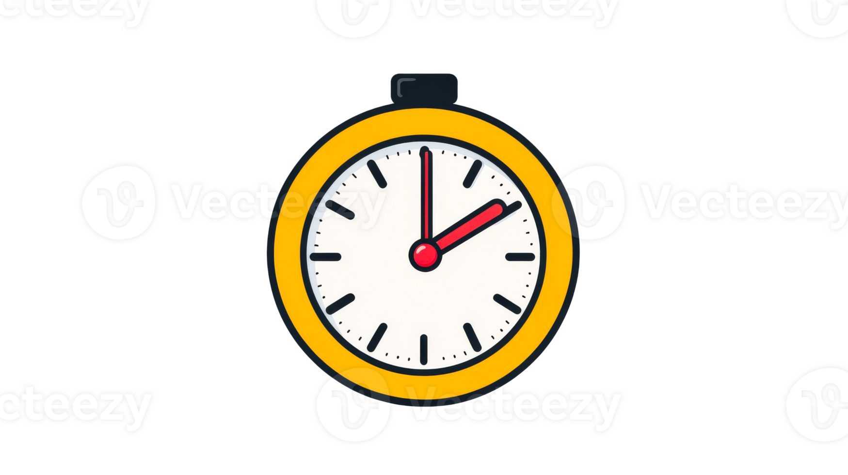 Yellow clock face with red hands showing two o'clock, cut out transparent png