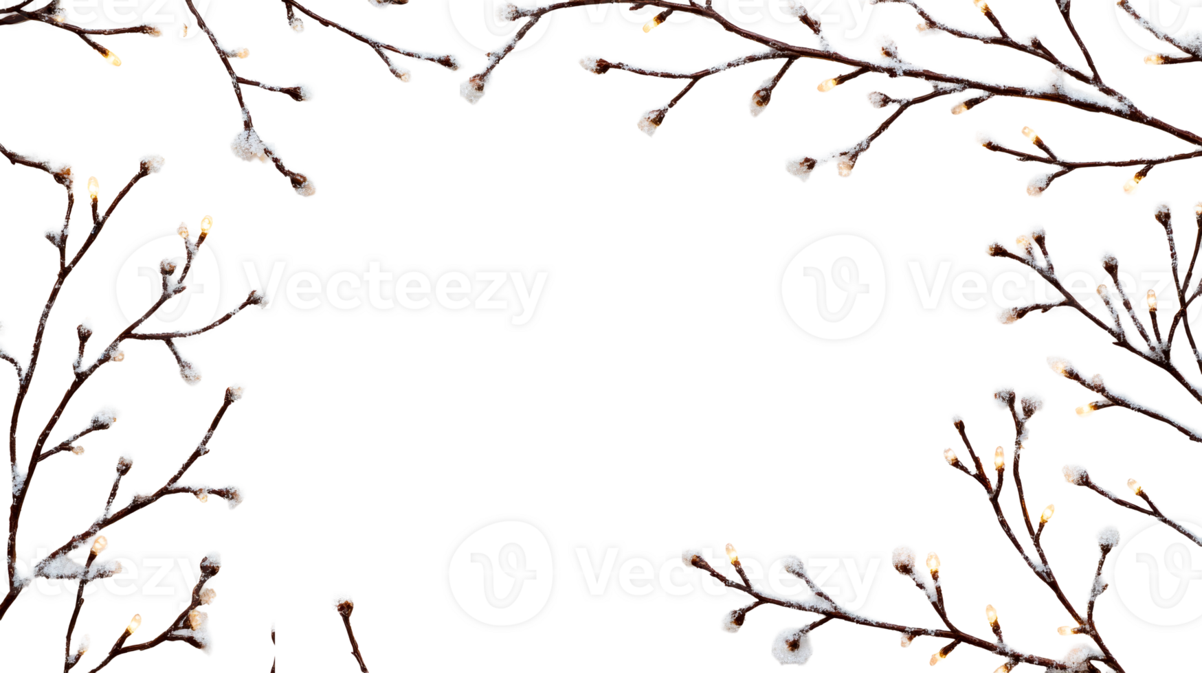 Illuminated branches, glowing buds, winter decor frame, cut out transparent png