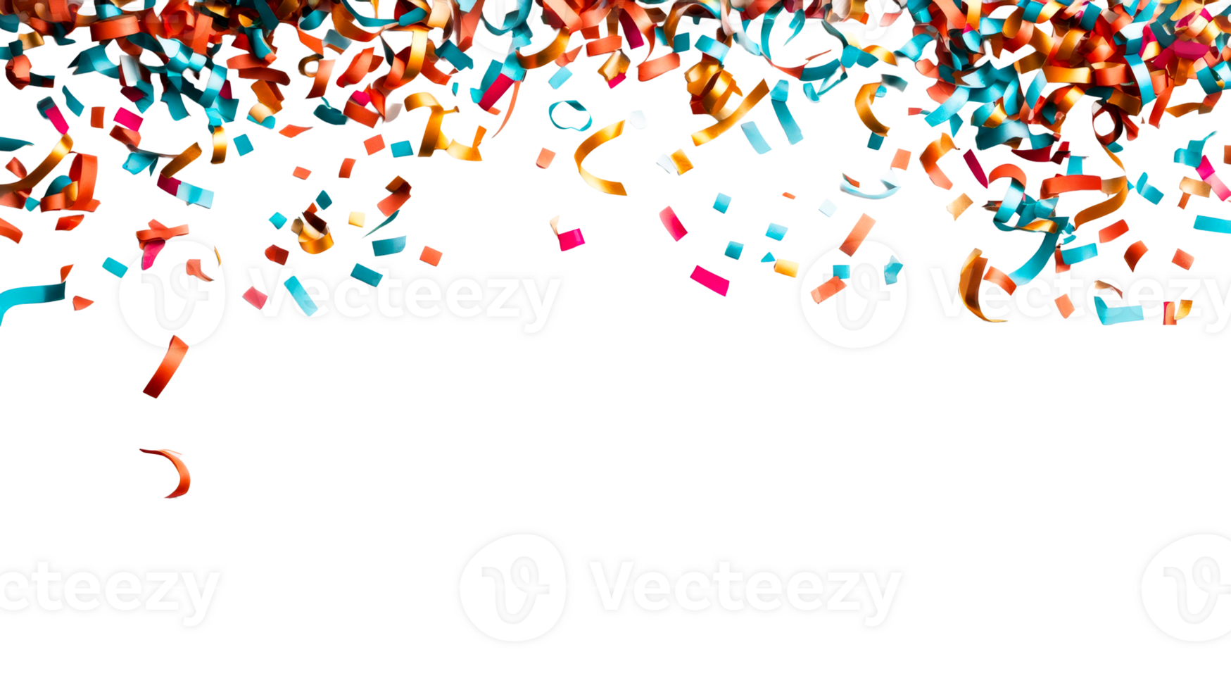 Festive confetti and streamers falling on black backdrop, cut out transparent png