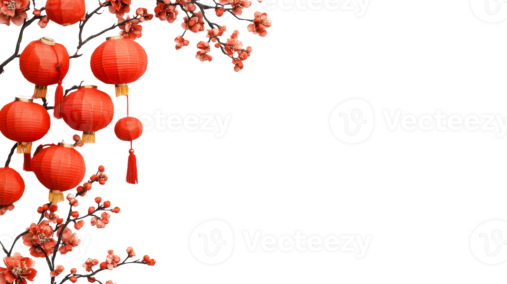 Asian lanterns with blossom, festive oriental decoration, cut out transparent png