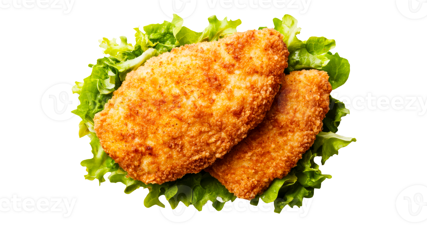 Crispy Chicken Cutlets on Lettuce, Studio Shot, Top View, cut out transparent png