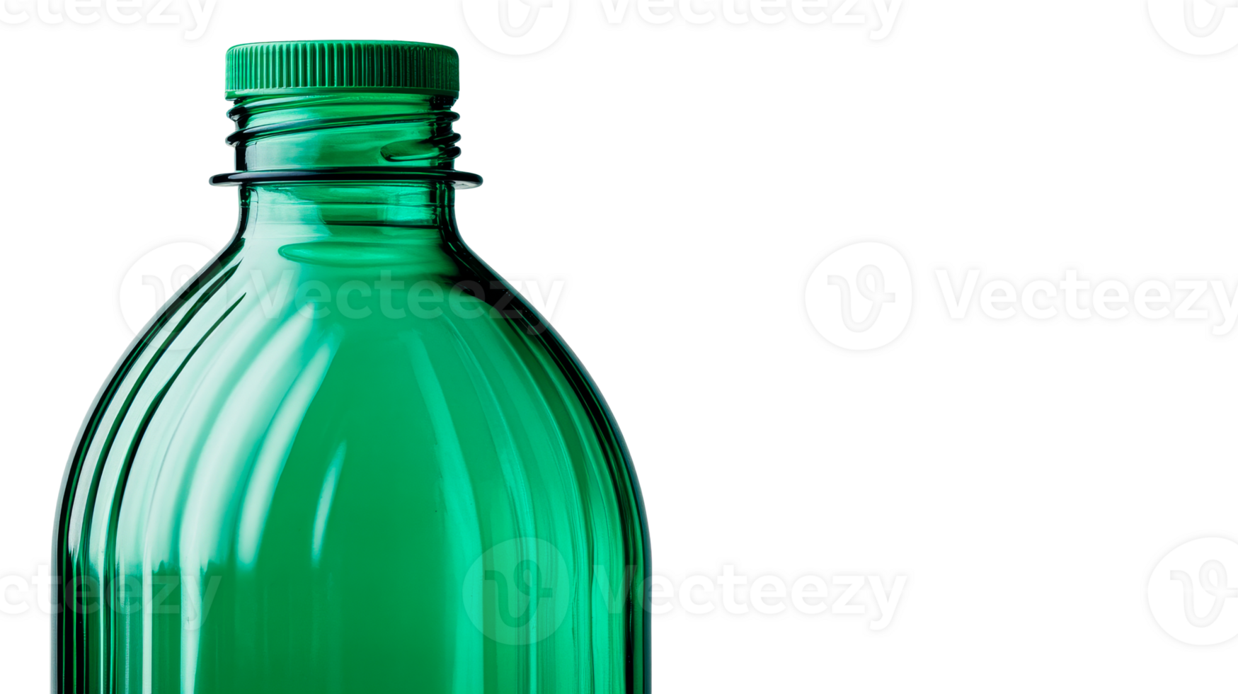 Green bottle with cap, close-up studio shot, empty container, cut out transparent png