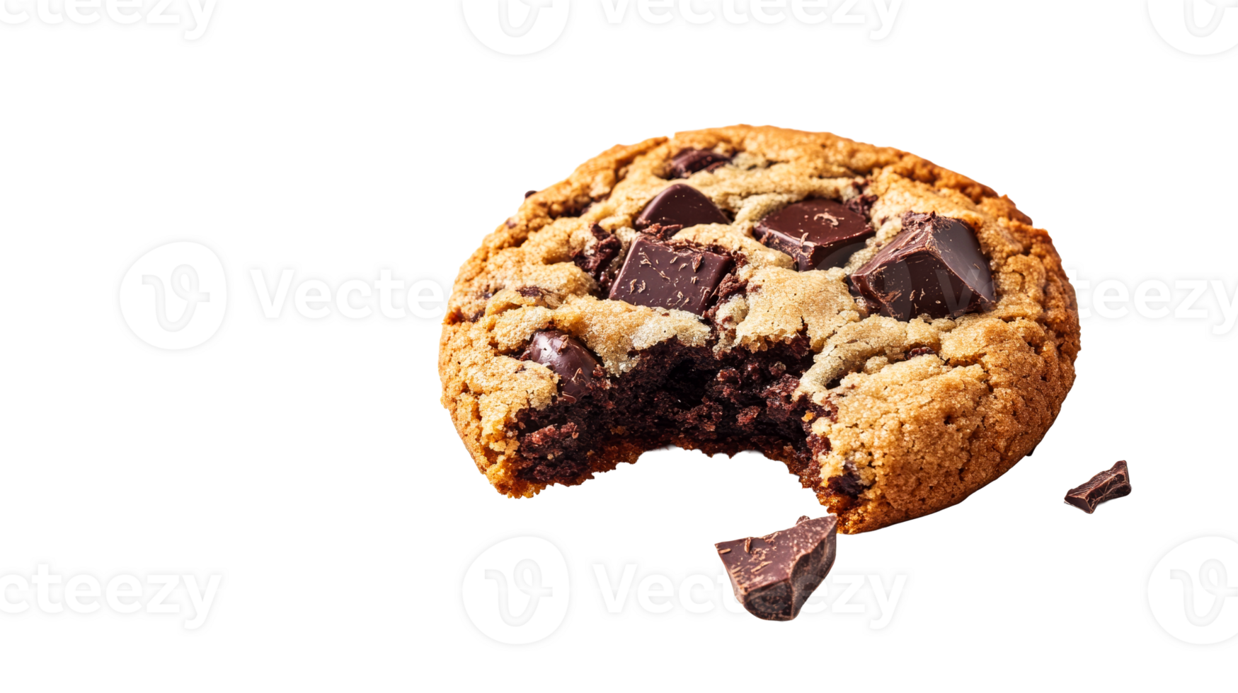 Chocolate chunk cookie with missing bite, decadent dessert, cut out transparent png