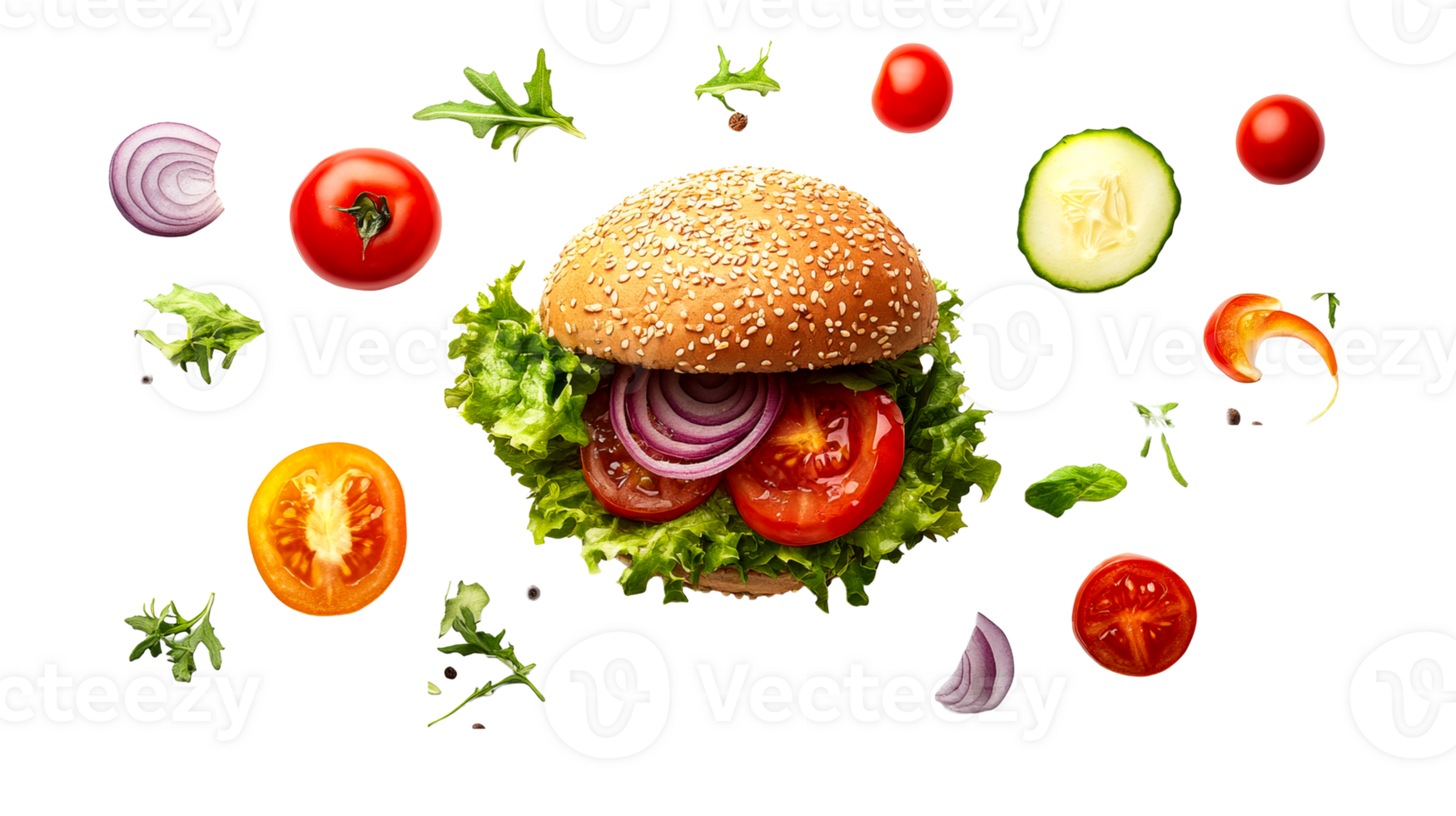 Burger ingredients and vegetables floating composition, cut out transparent png
