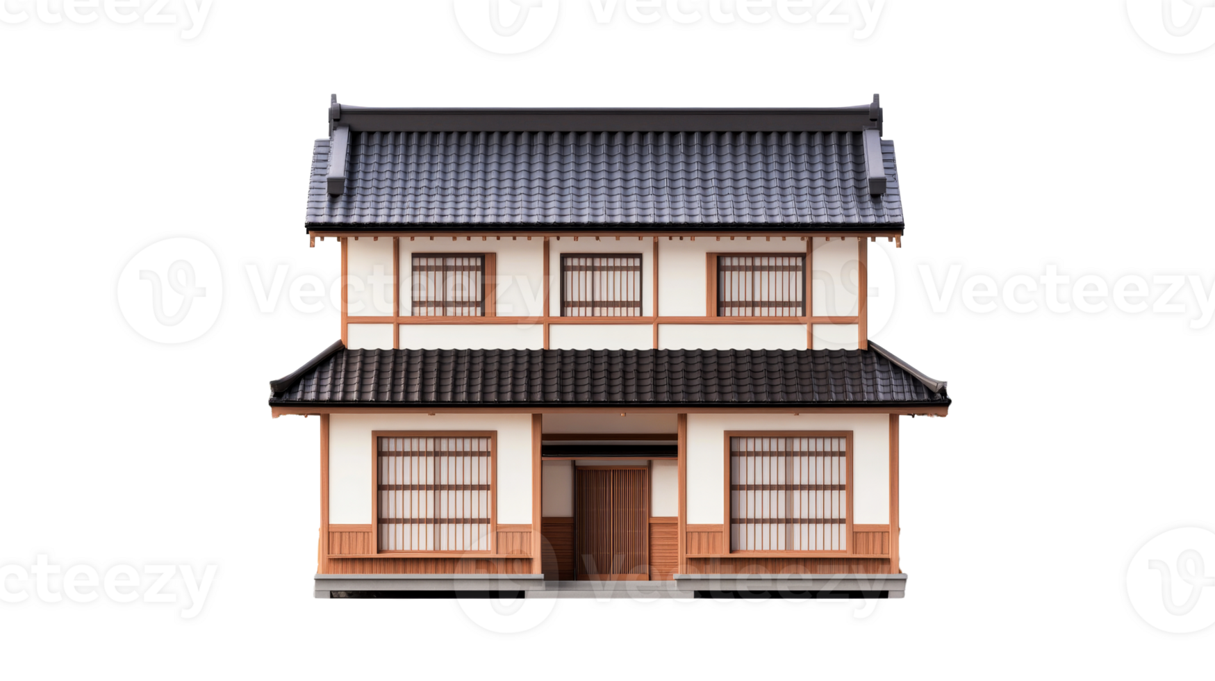 Traditional Japanese house facade with lattice windows, cut out transparent png