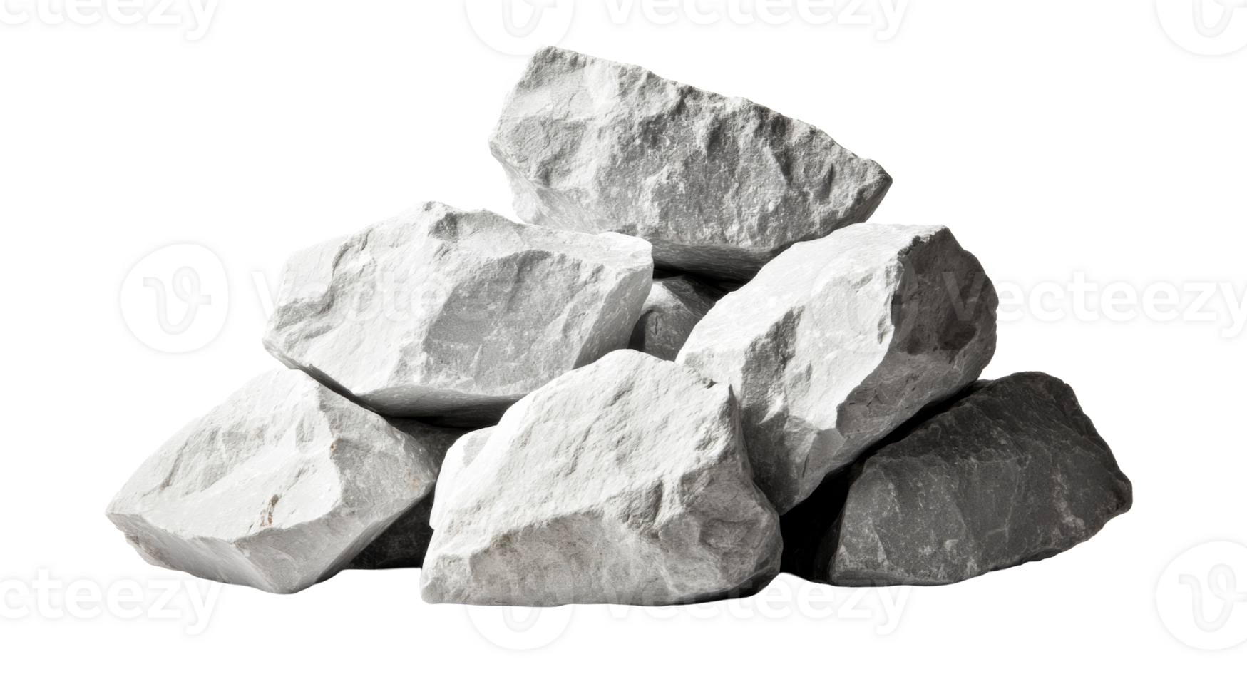 Pile of white stones or rocks, isolated against black, cut out transparent png