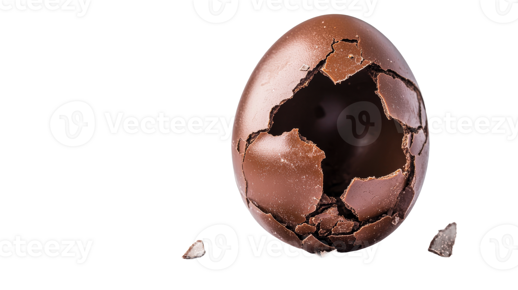 Broken chocolate egg detail on black background, cut out transparent png