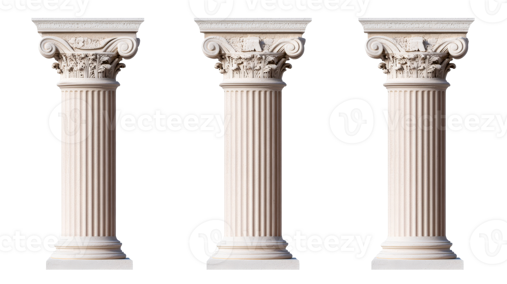 Three ancient columns stand against a black background, cut out transparent png