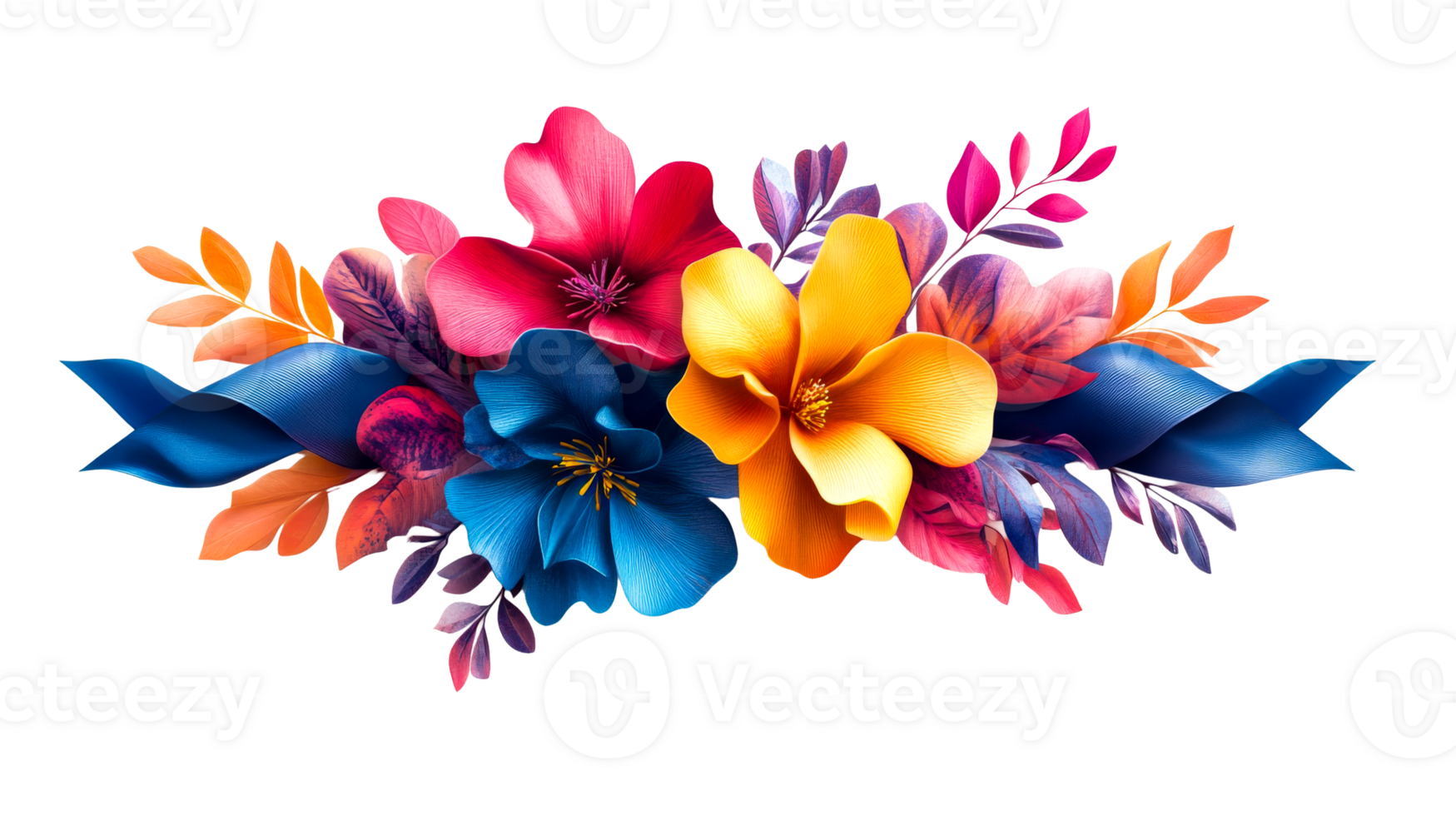 Bright floral arrangement with blue ribbon, cut out transparent png