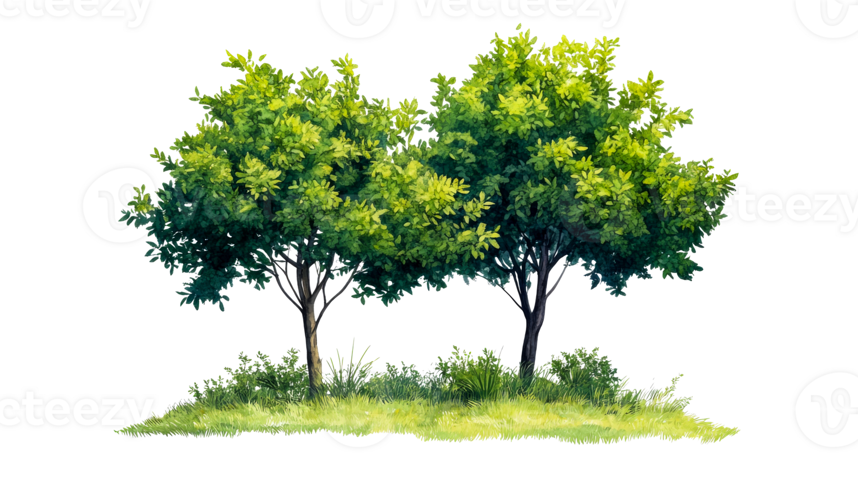 Watercolor trees with green foliage and grass patch, cut out transparent png