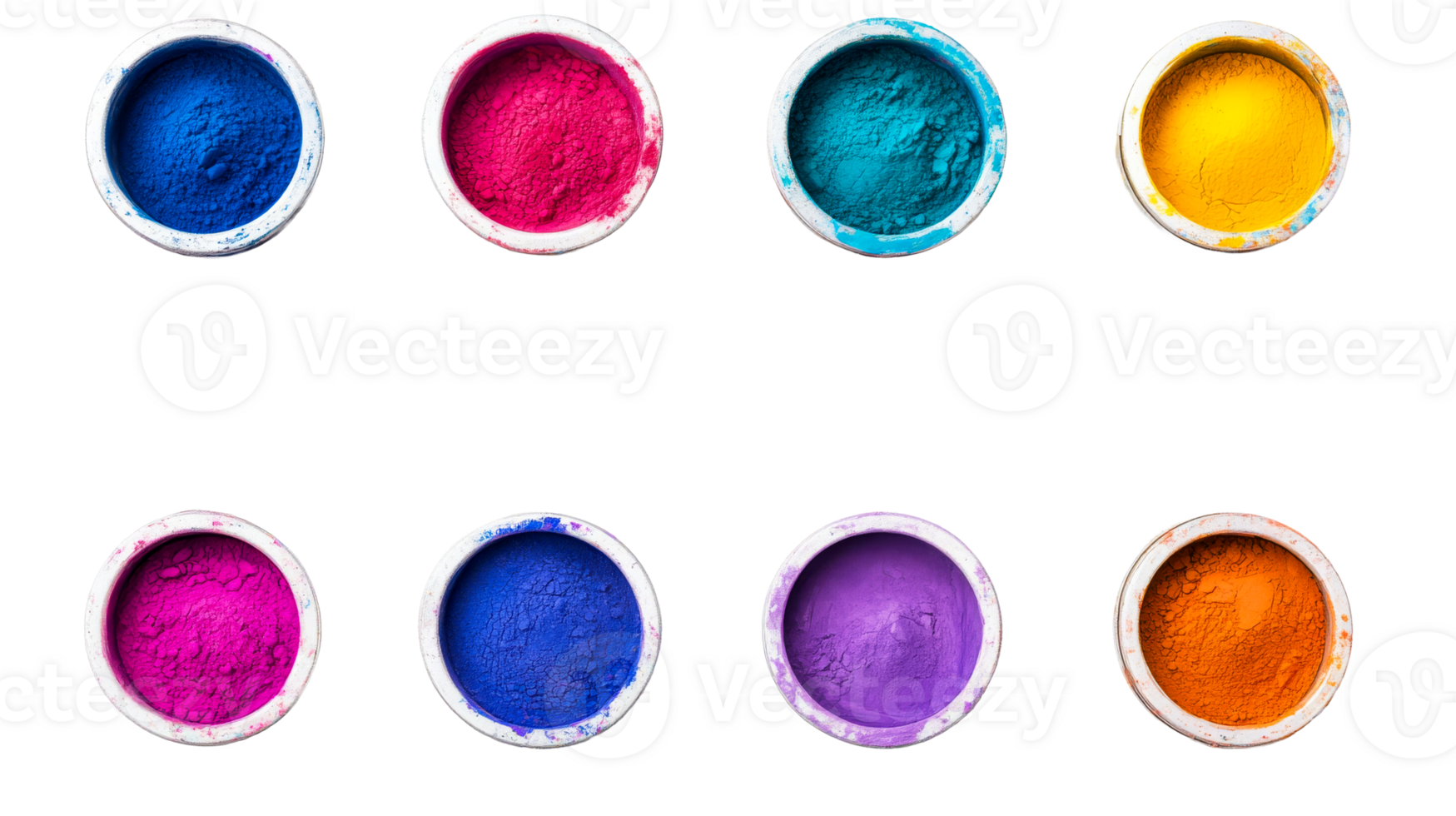 Colorful vibrant pigments assortment, paints powder top view, cut out transparent png