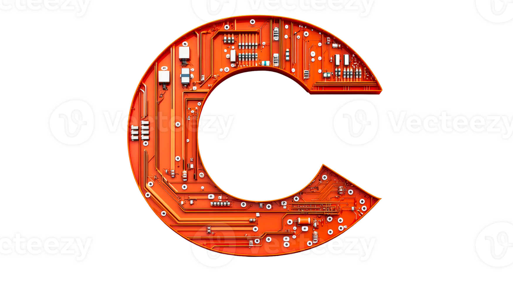 Orange circuit board in the shape of a C letter, cut out transparent png