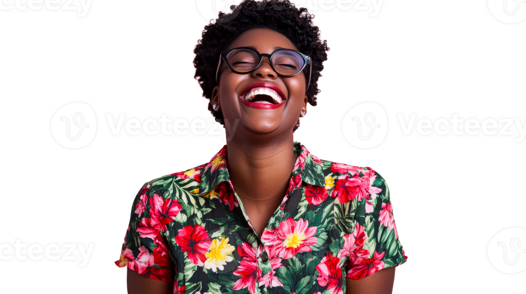 Cheerful woman wearing glasses, laughing against black background, cut out transparent png