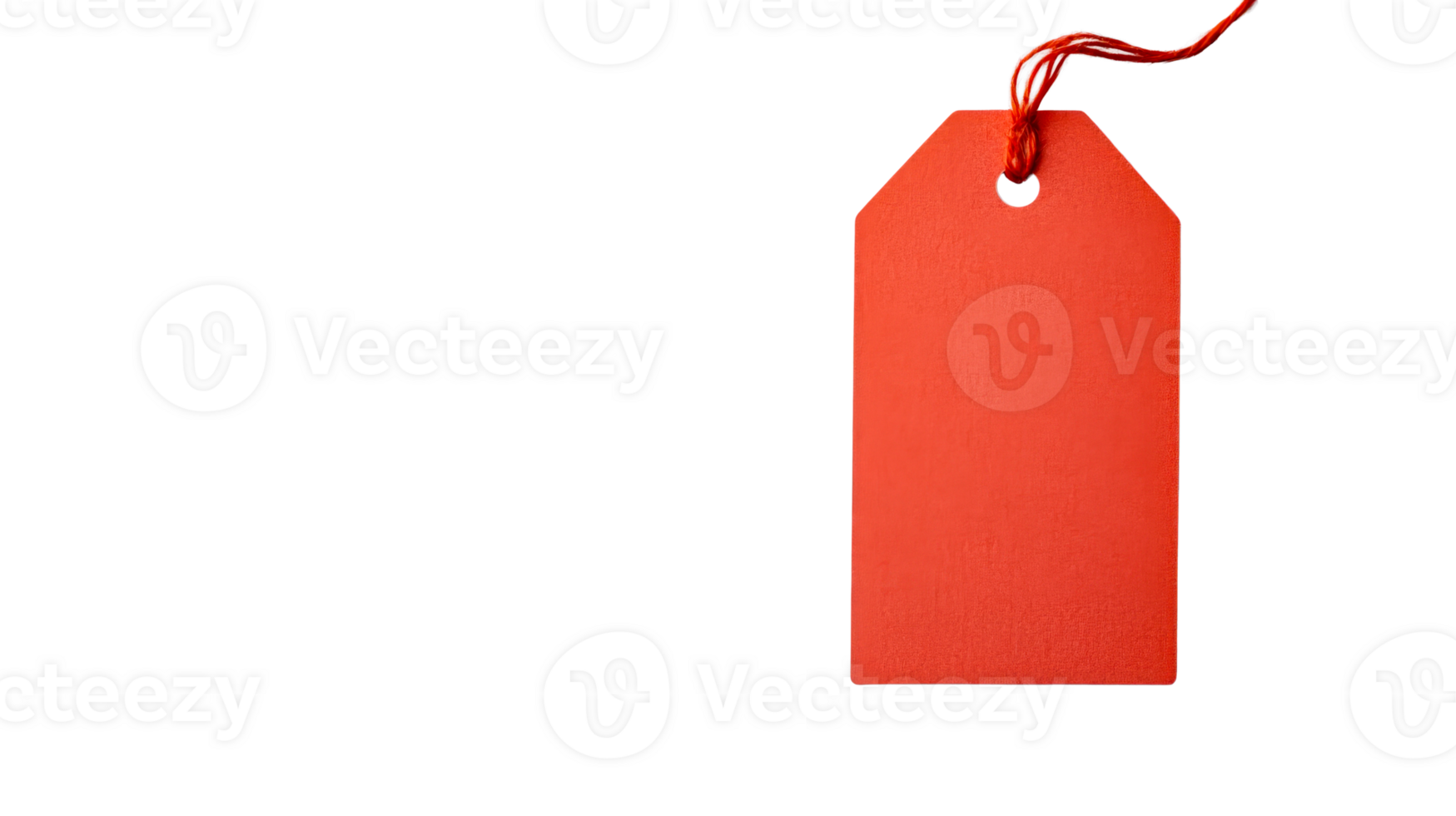Vibrant red tag with a string against a black background, cut out transparent png