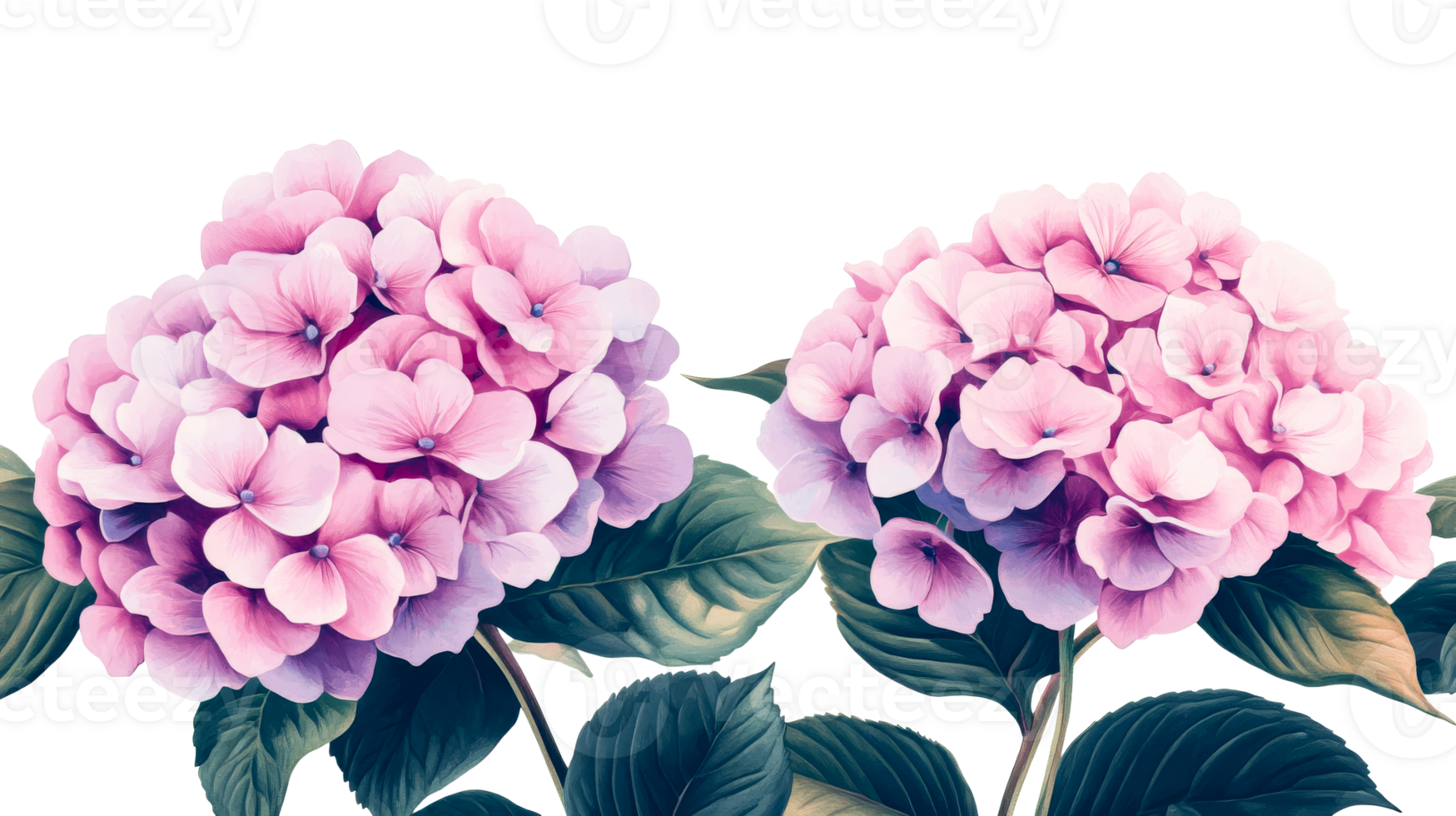 Two pink hydrangea flowers with leaves, full bloom, blossom, cut out transparent png