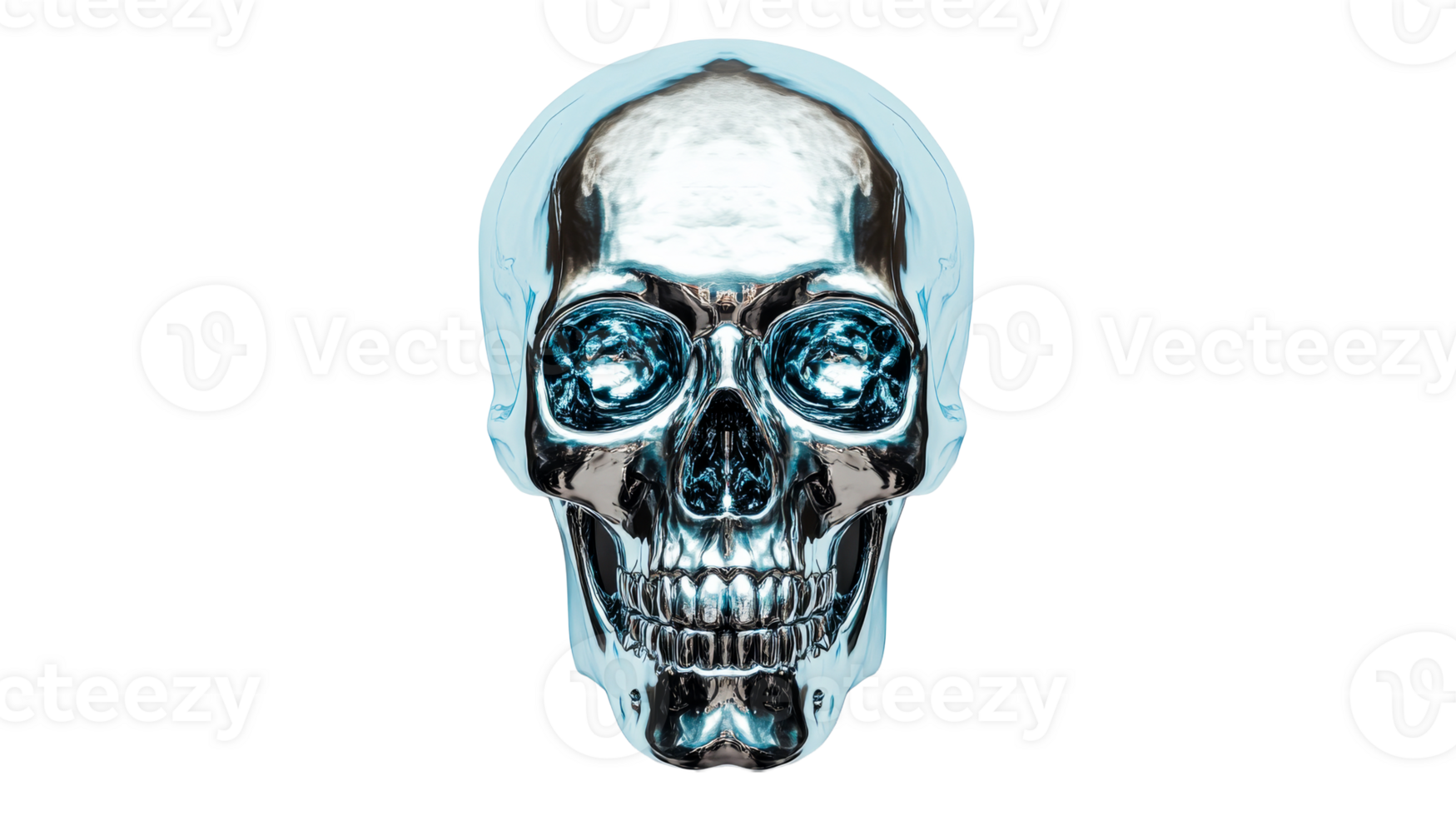 Metallic Skull with Blue Highlights on Black Background, cut out transparent png