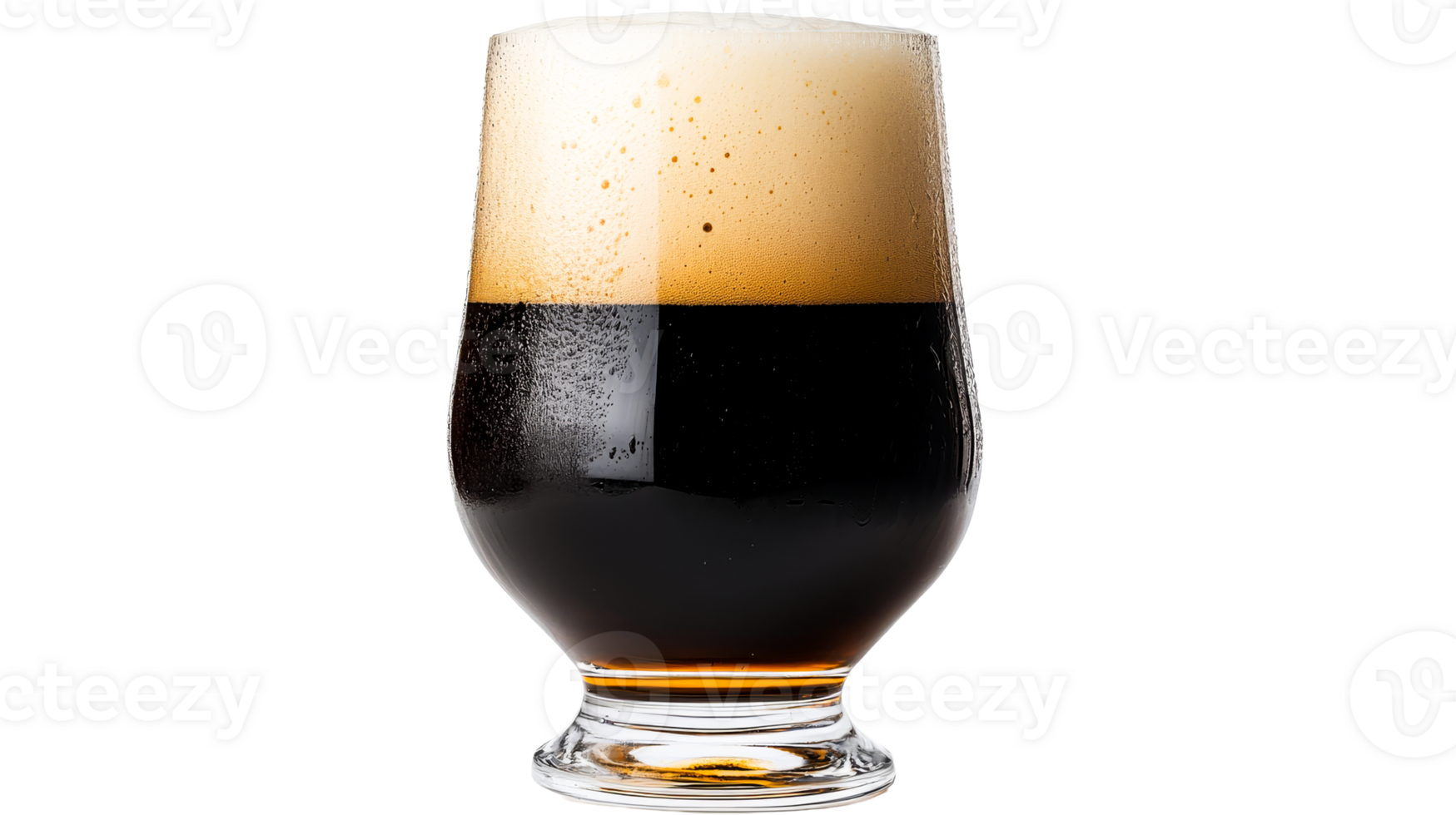 Cold glass of stout with thick foam head, cut out transparent png