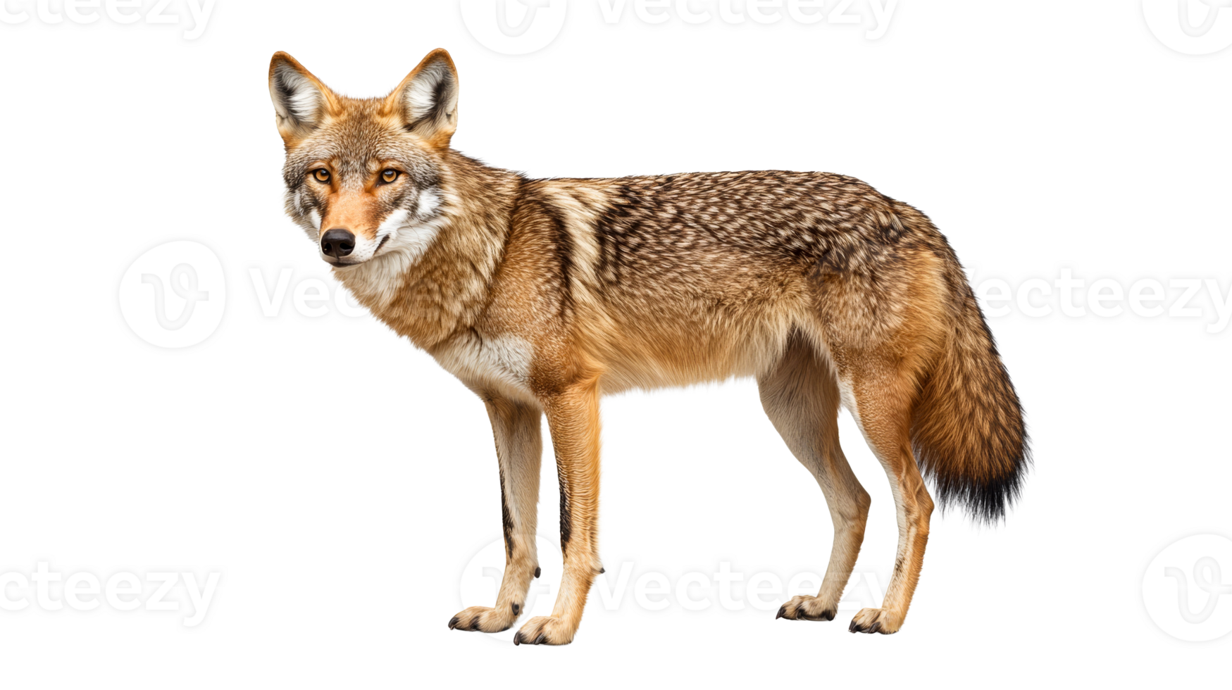 Standing coyote with patterned fur looking at camera, cut out transparent png
