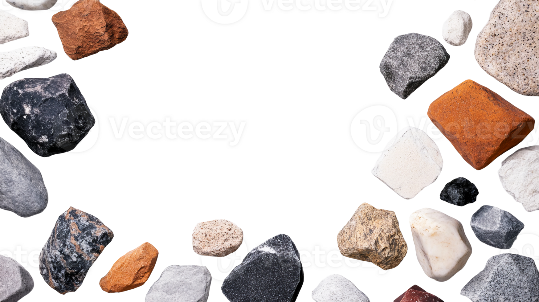 Assortment of various stones and pebbles on a black background, cut out transparent png