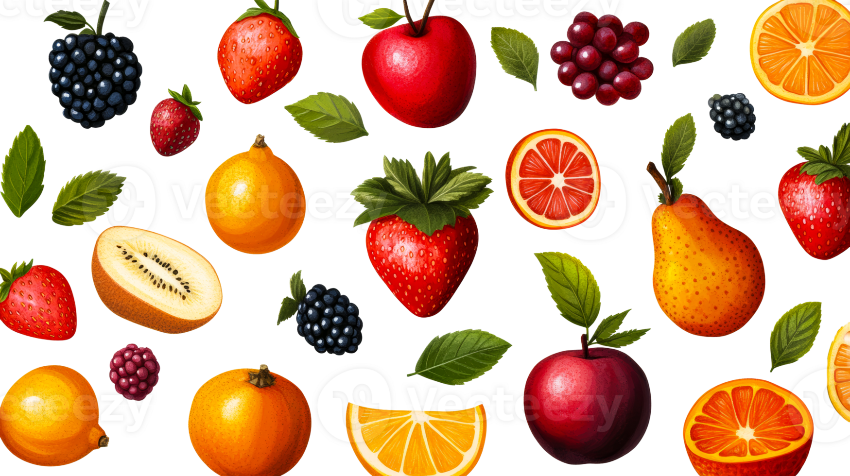 Assortment of colorful fruits with leaves, cut out transparent png