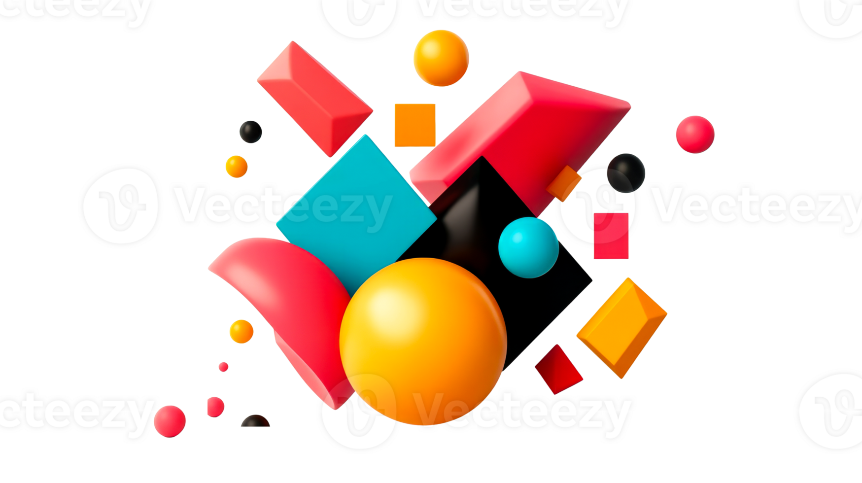 Abstract 3D geometric shapes rendering vibrant arrangement, cut out transparent png