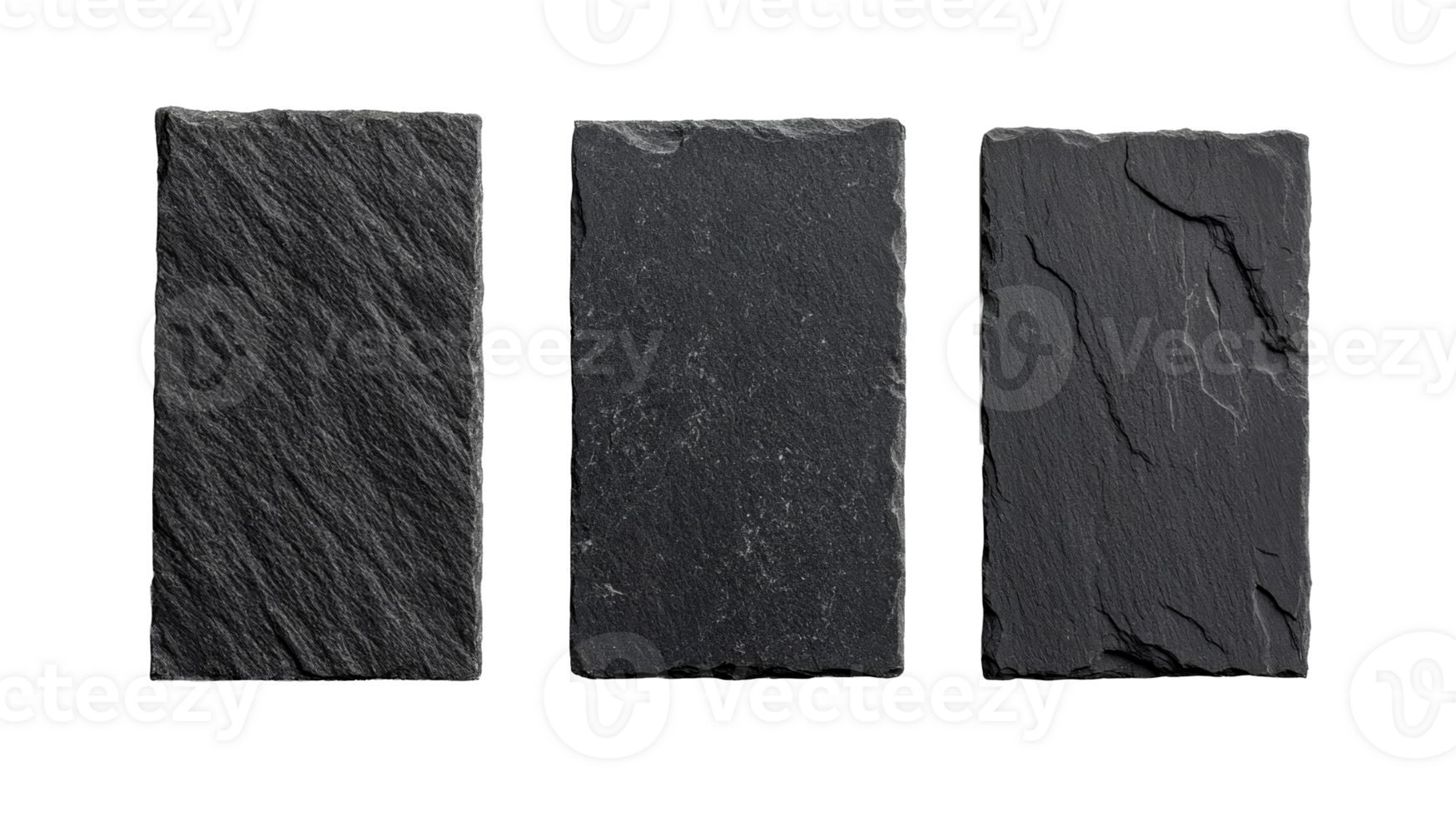 Three slate slabs of different texture, isolated, cut out transparent png