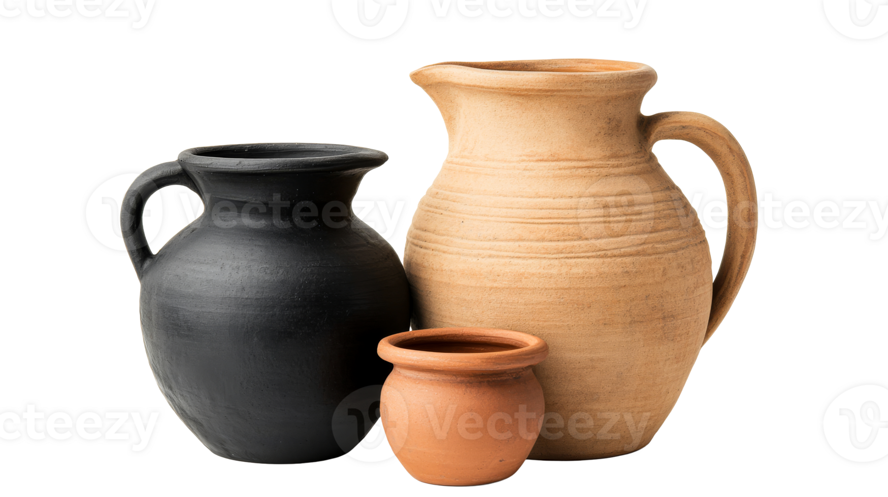Rustic clay pottery collection, pitchers, pot, earthenware, cut out transparent png