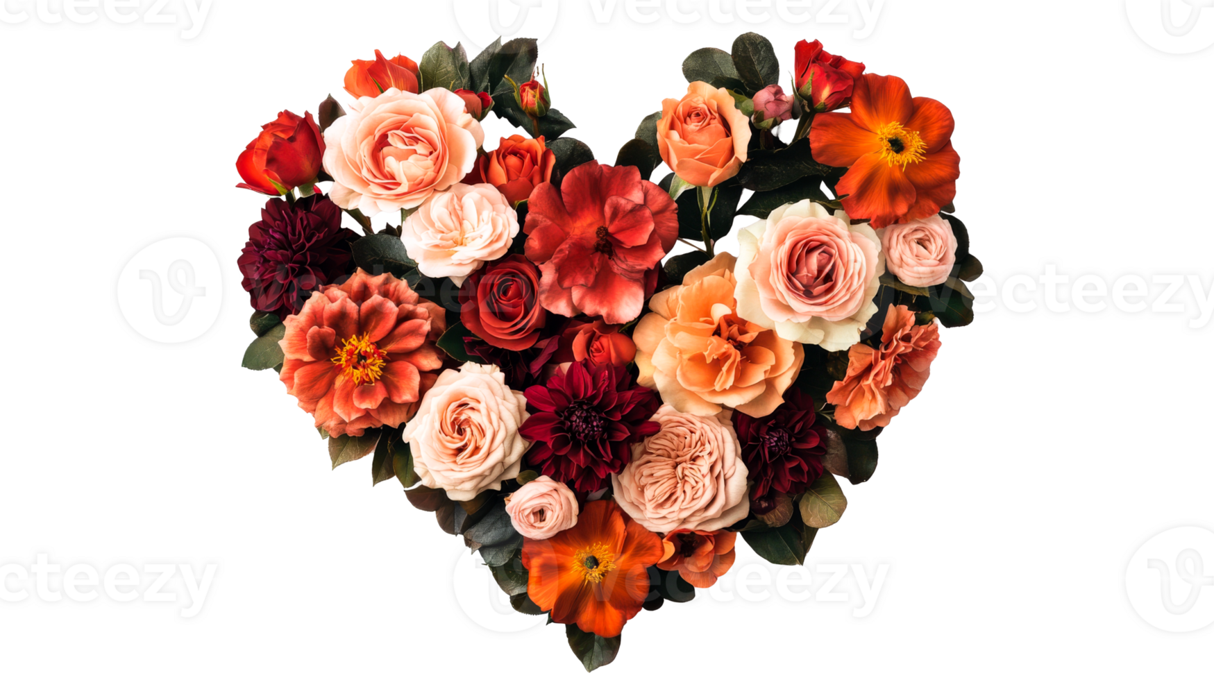 Heart shape of roses and dahlias, valentine greeting card , cut out transparent png