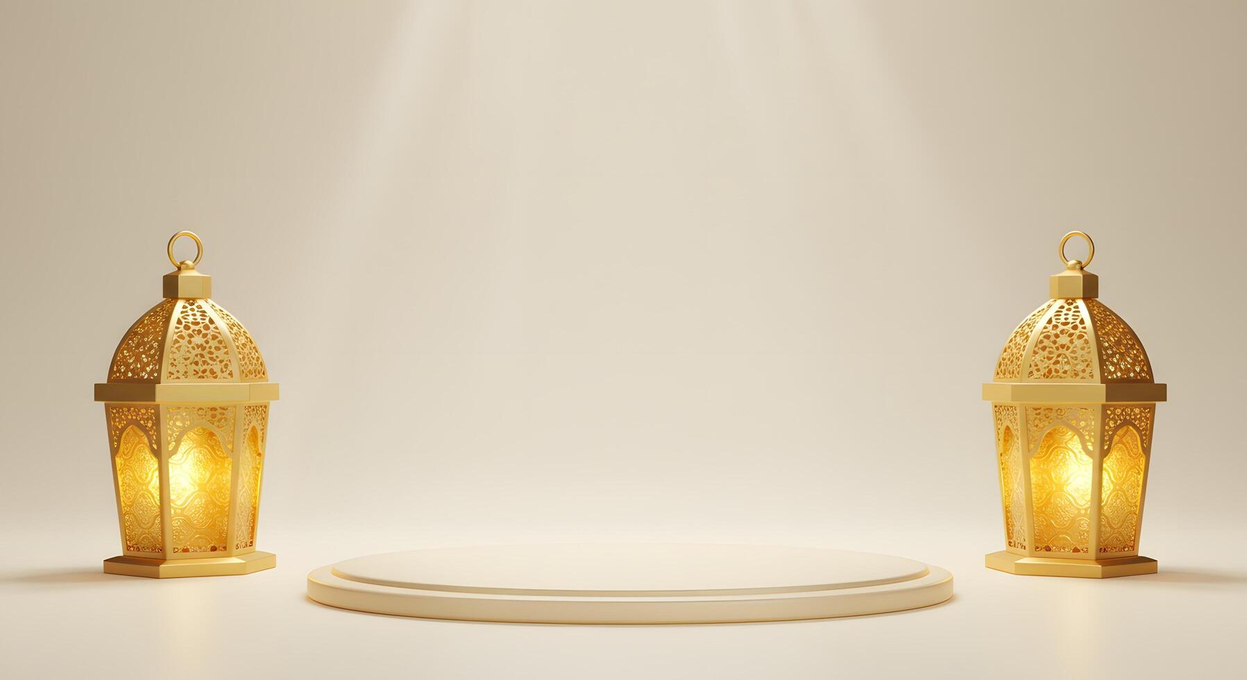 Decorative Lanterns Flanking Pedestal Platform Against Neutral Backdrop for Product Display photo
