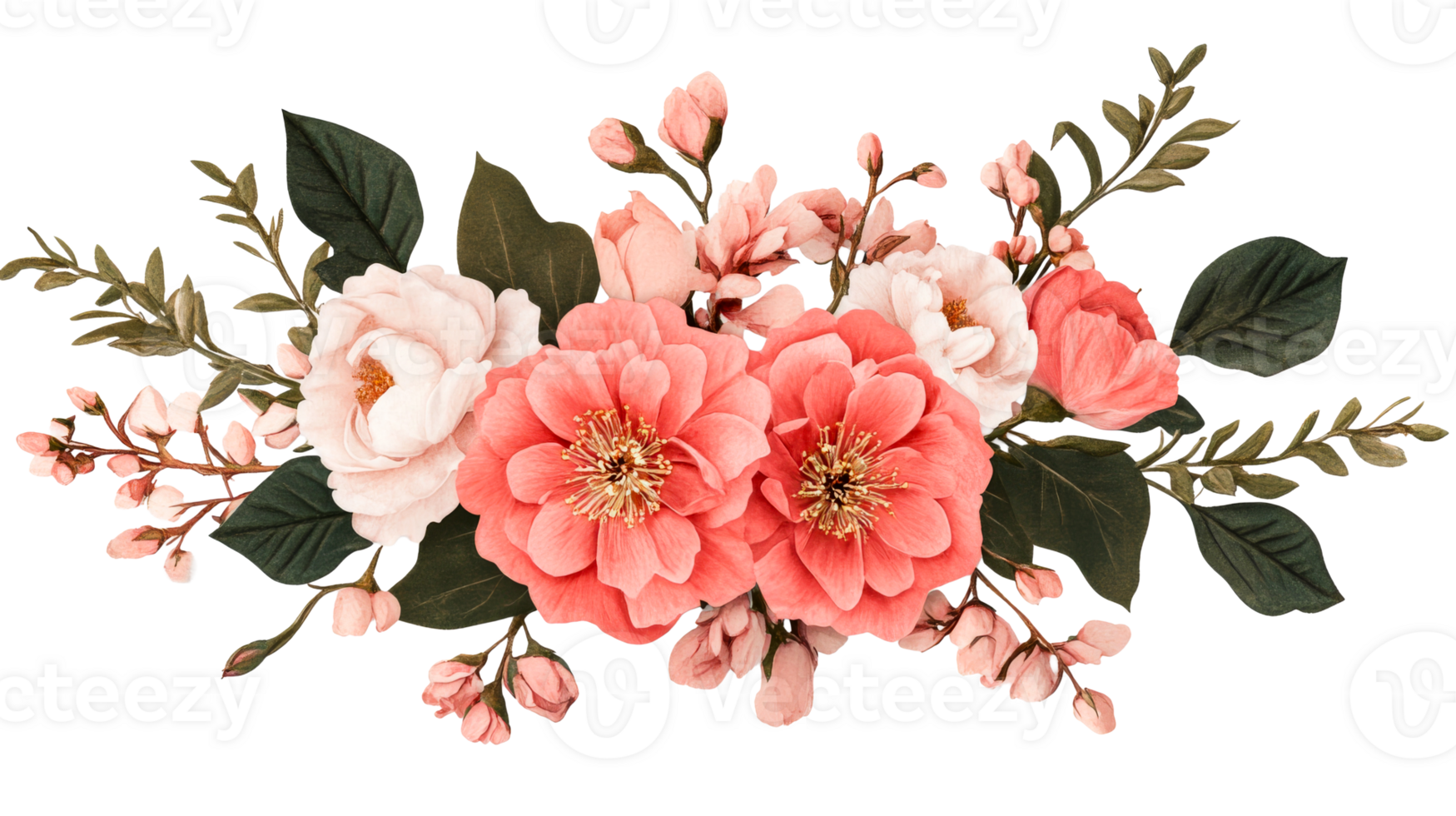 Floral arrangement of peonies and buds, cut out transparent png