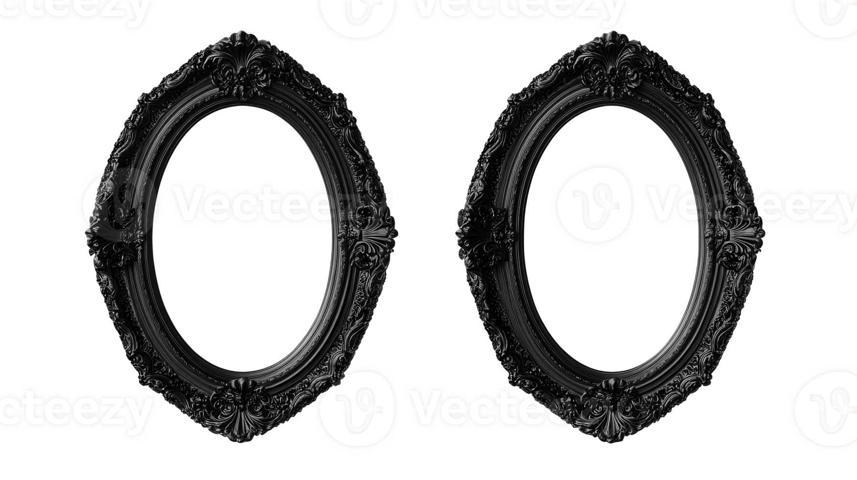 Two ornate oval black frames on a black background, cut out transparent png