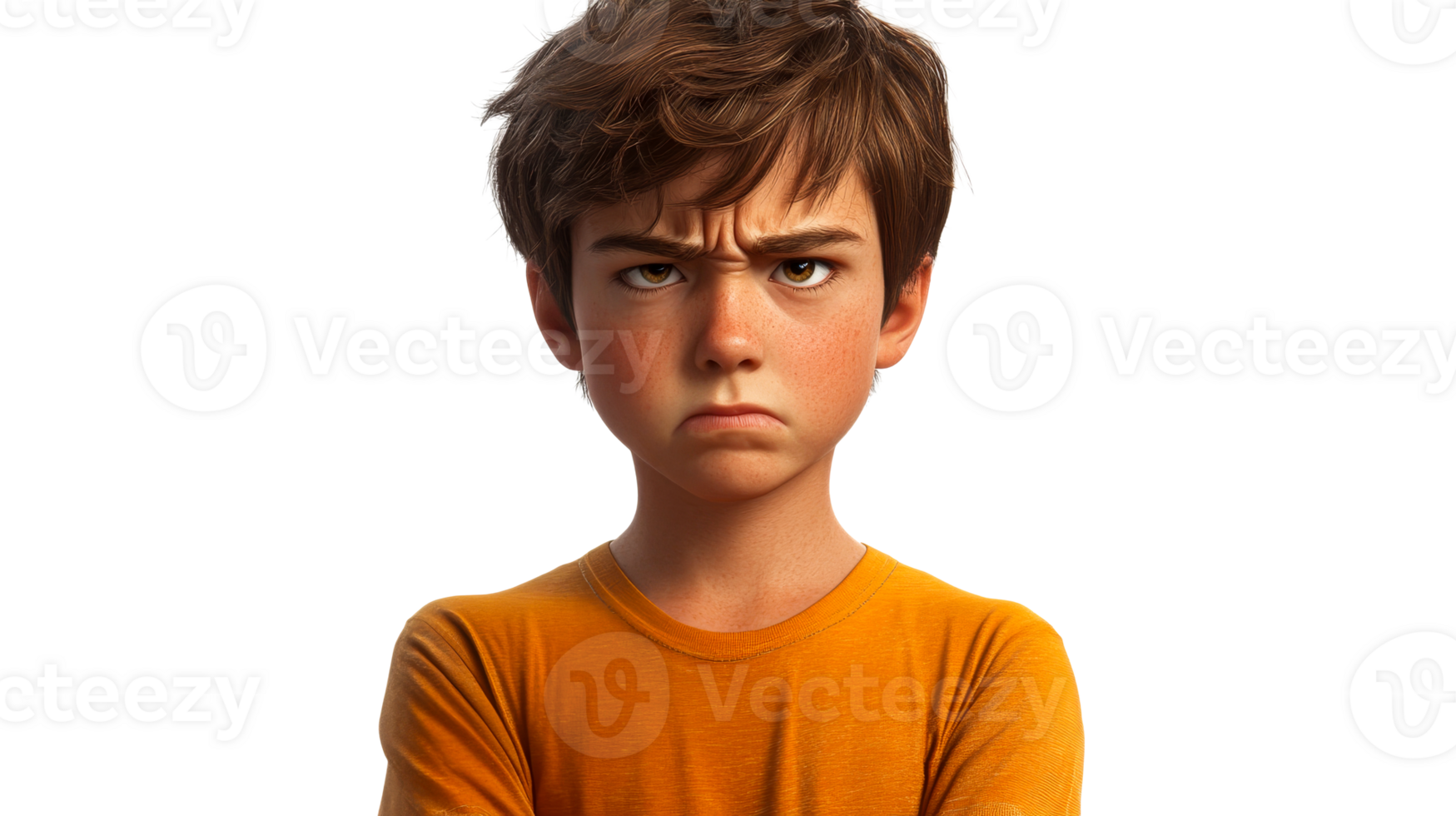 Grumpy boy with freckles is displeased, cartoon rendering, cut out transparent png