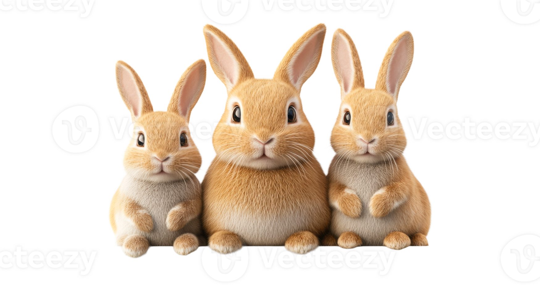 Three charming rabbits posing together, cut out transparent png