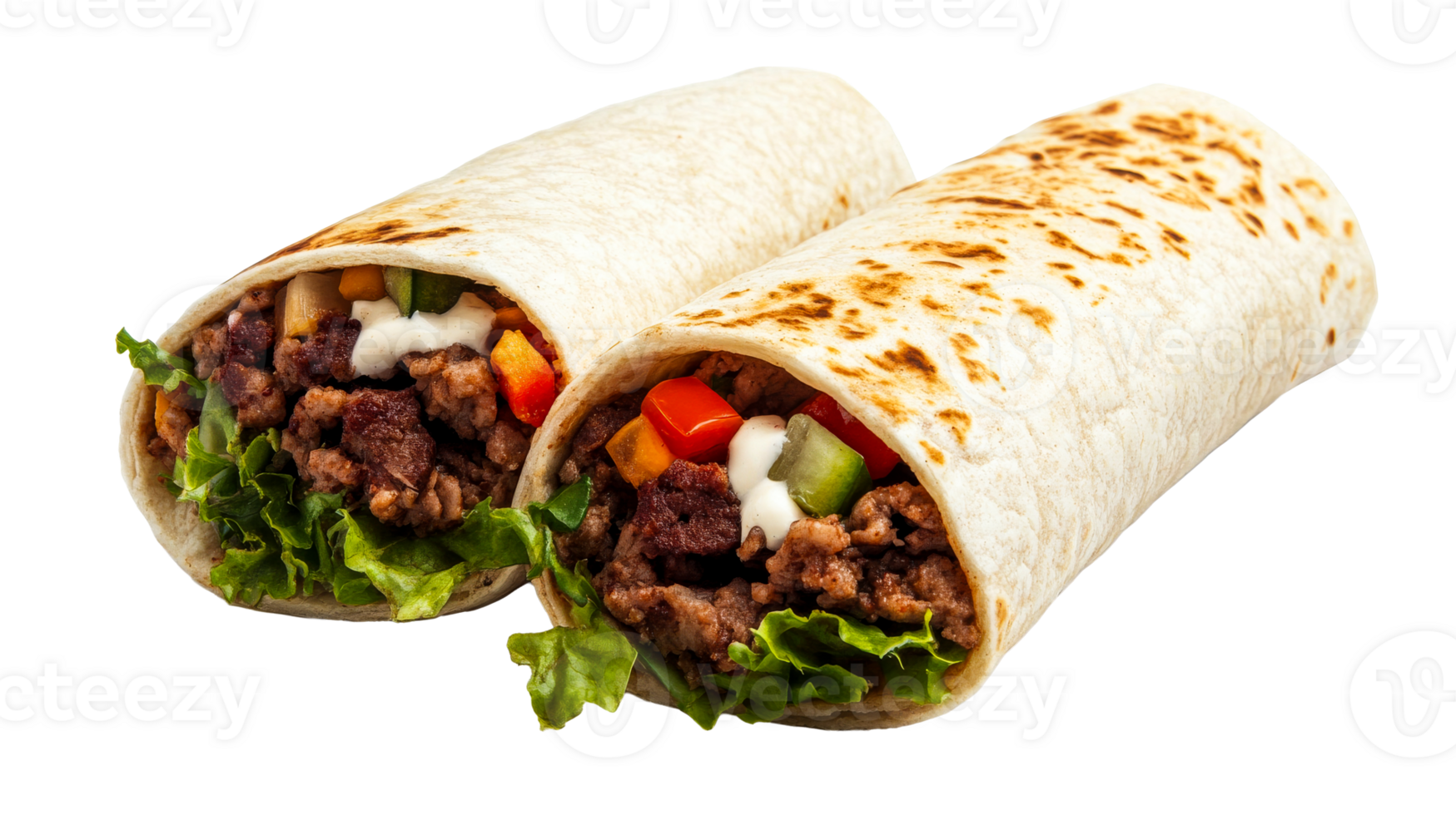 Two flavorful burritos, stuffed with meat and vegetables, cut out transparent png