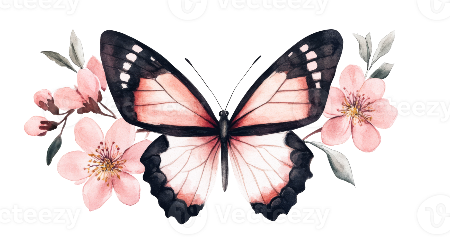 Butterfly surrounded by pink blossom, beautiful illustration, cut out transparent png