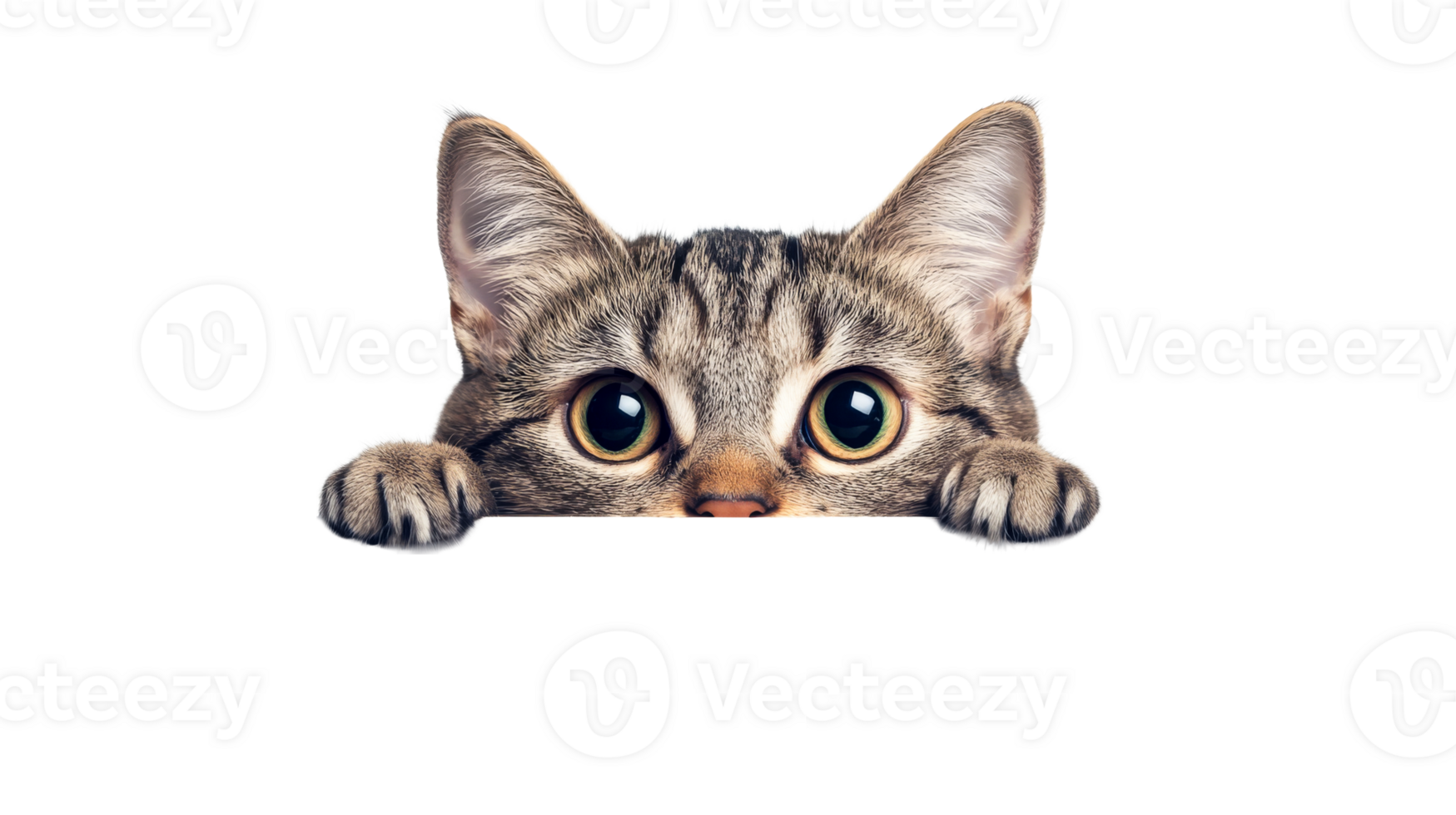 Cute tabby cat peeking over edge with paws, curious gaze, cut out transparent png