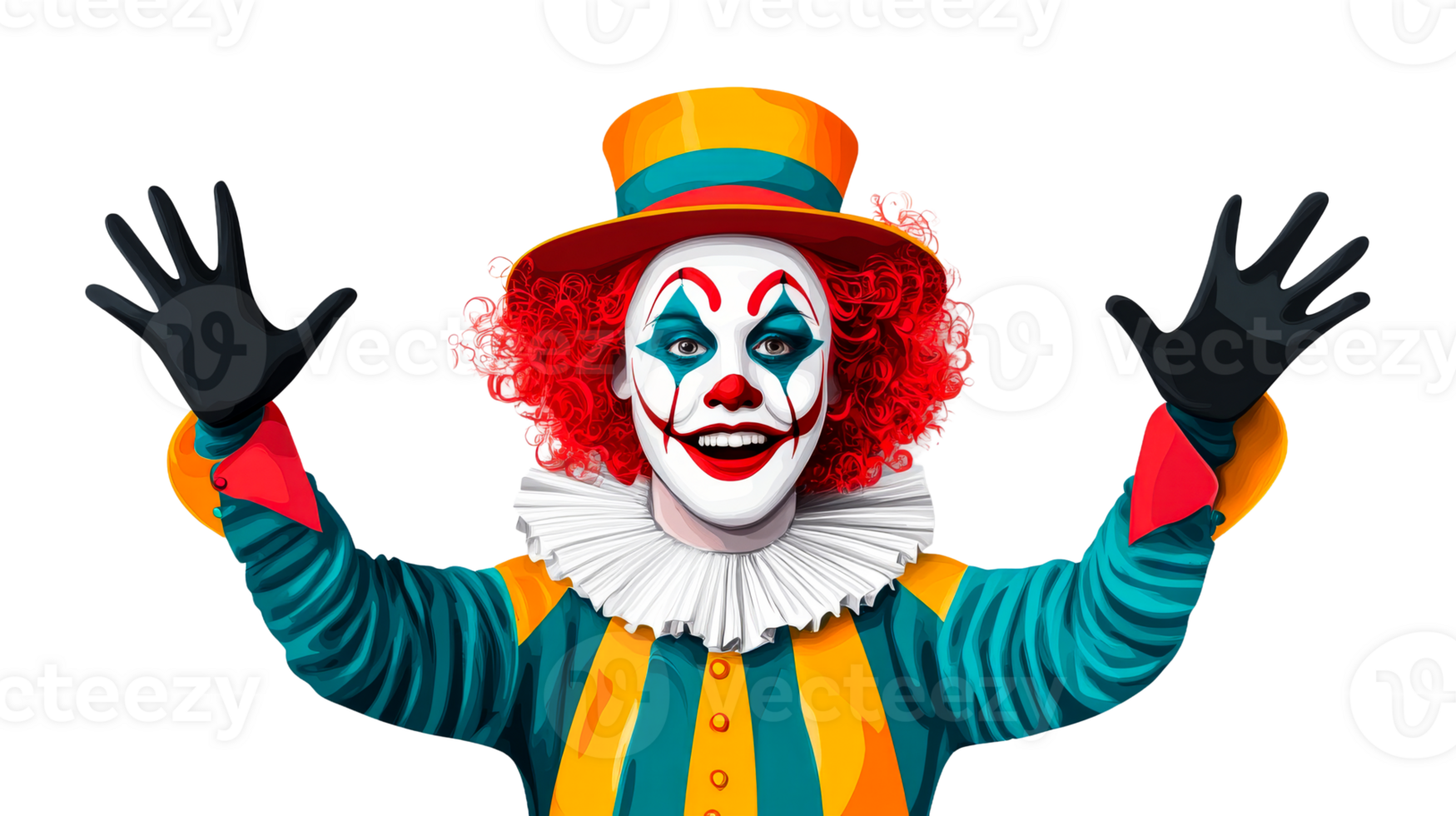 Clown character with white face and hat raising hands, cut out transparent png