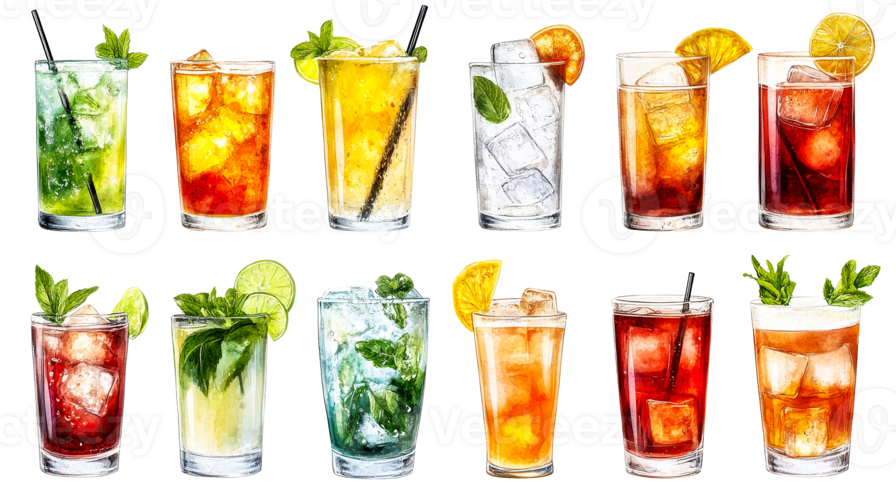 Assortment of refreshing watercolor cocktails isolated, cut out transparent png