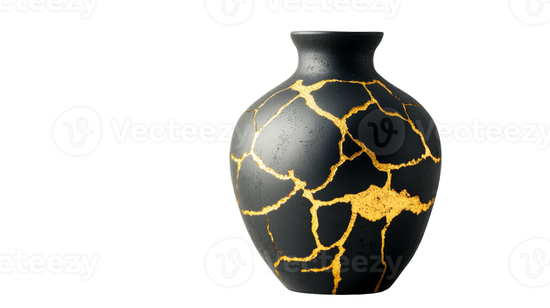 Black vase decorated with gold in kintsugi style, cut out transparent png