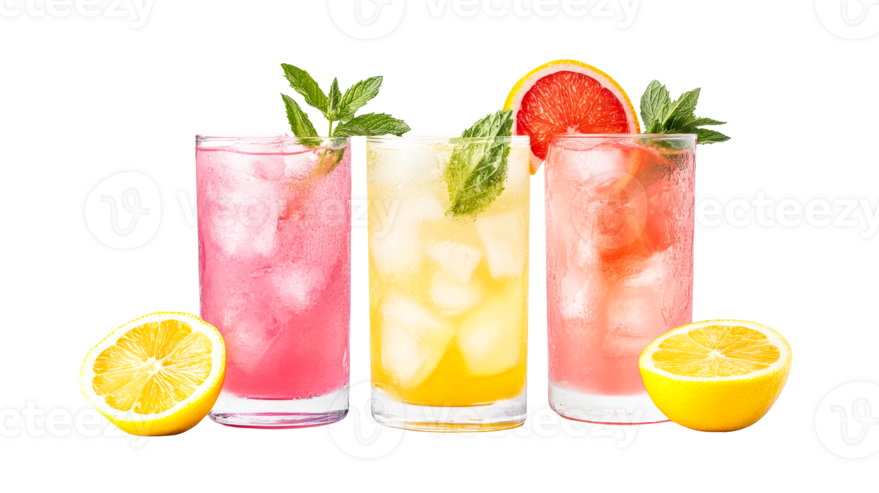 Refreshing colorful summer drinks with citrus and mint, cut out transparent png