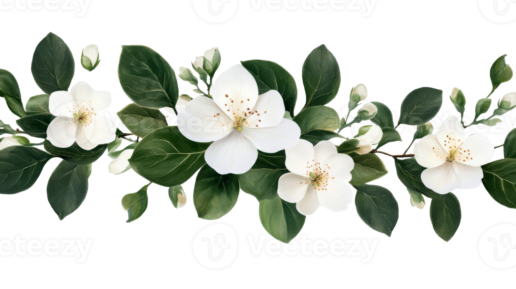 White flowers, branches, and green leaves artistic illustration, cut out transparent png