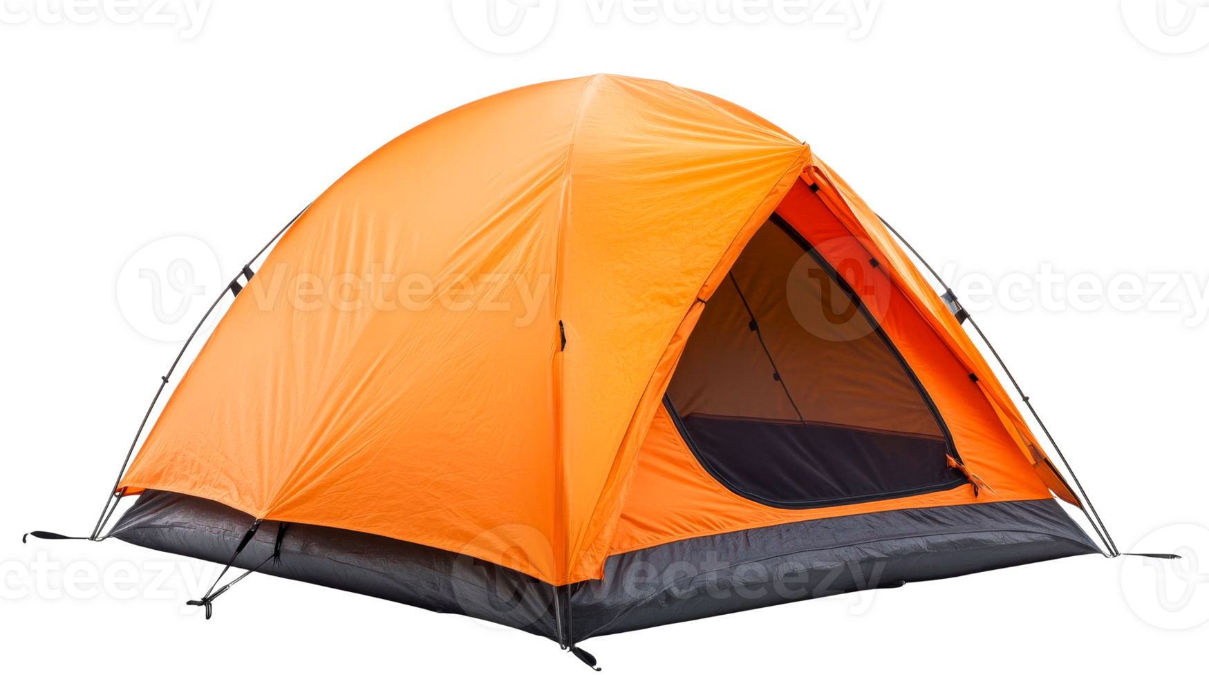 Bright orange camping tent isolated on black background, cut out transparent png