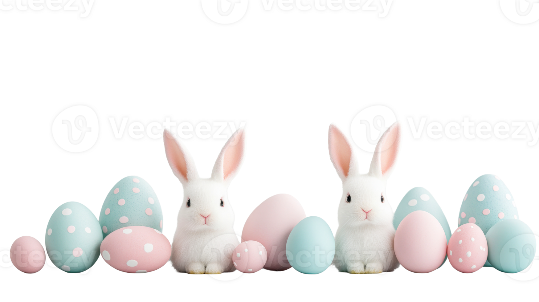 Two white rabbits with Easter eggs in pink and blue, cut out transparent png