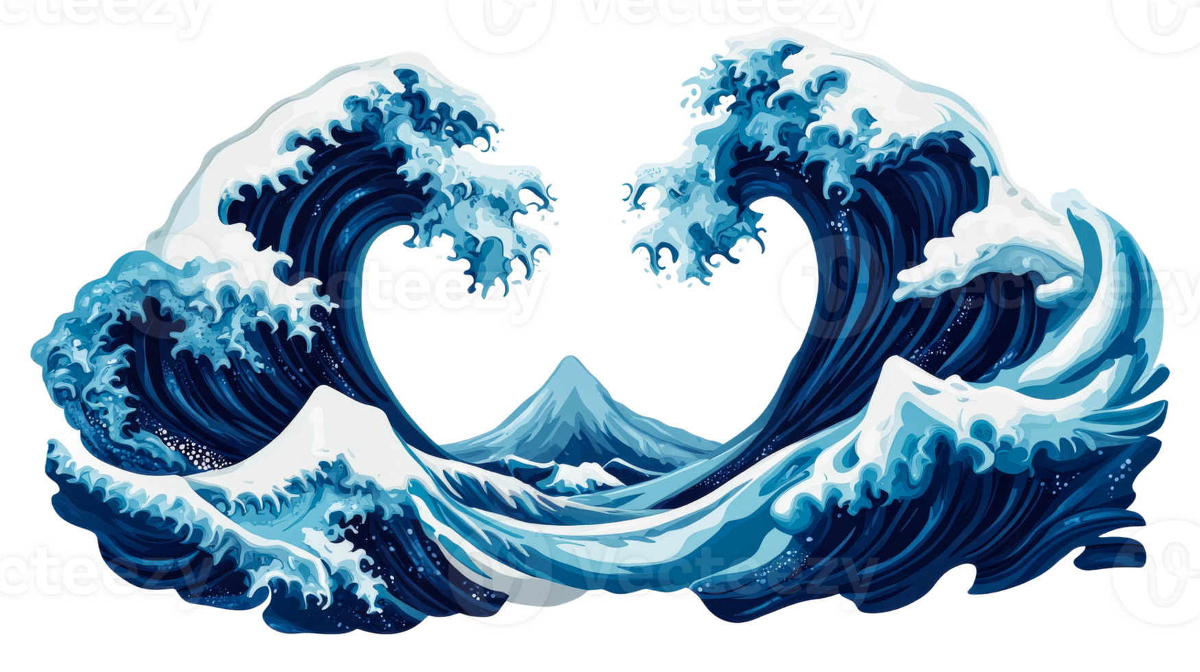 Decorative waves with mountain background art in Japanese style, cut out transparent png