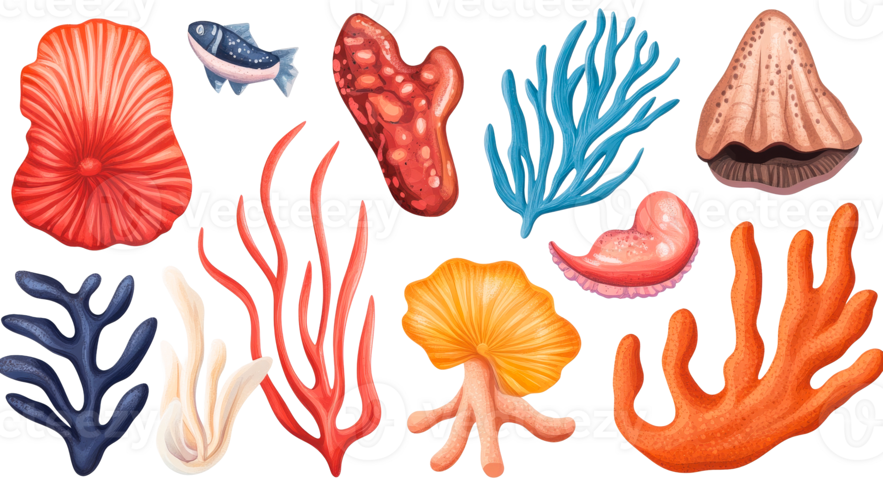 Colorful Coral Reef Elements on Black Backdrop, cut out transparent png