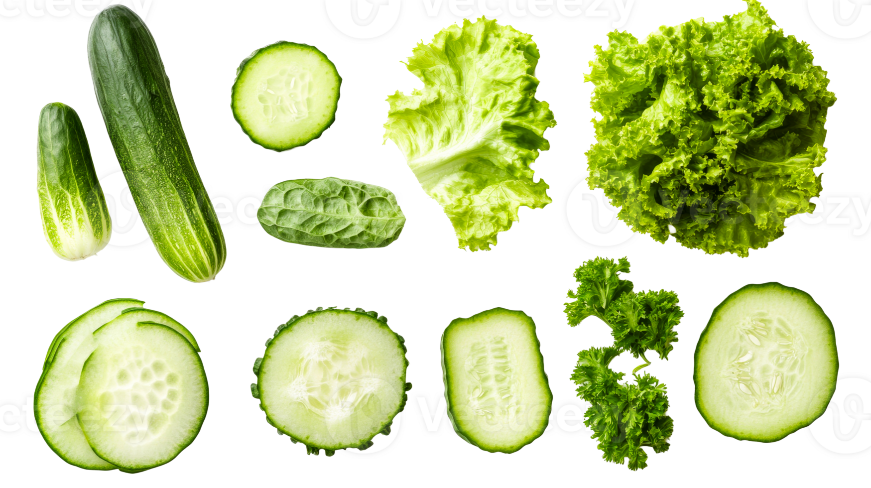 Cucumbers and fresh lettuce assortment, cut out transparent png
