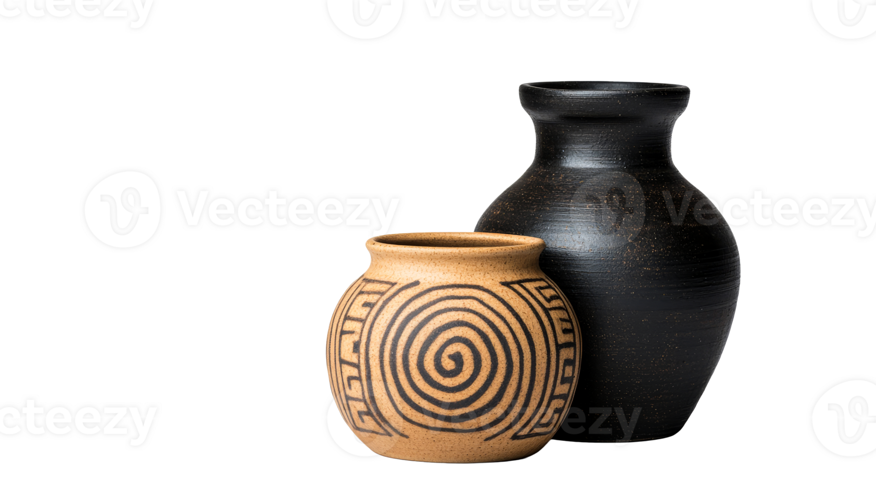 Two vases, ceramic, handcrafted pottery, ethnic pattern art, cut out transparent png