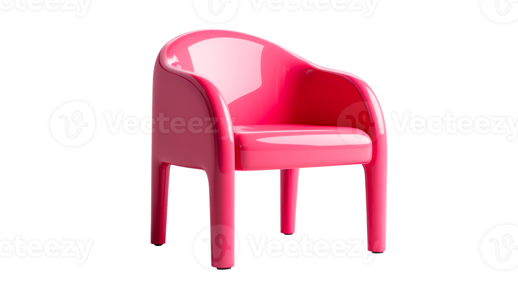 Stylish pink chair with rounded arms and glossy finish, cut out transparent png