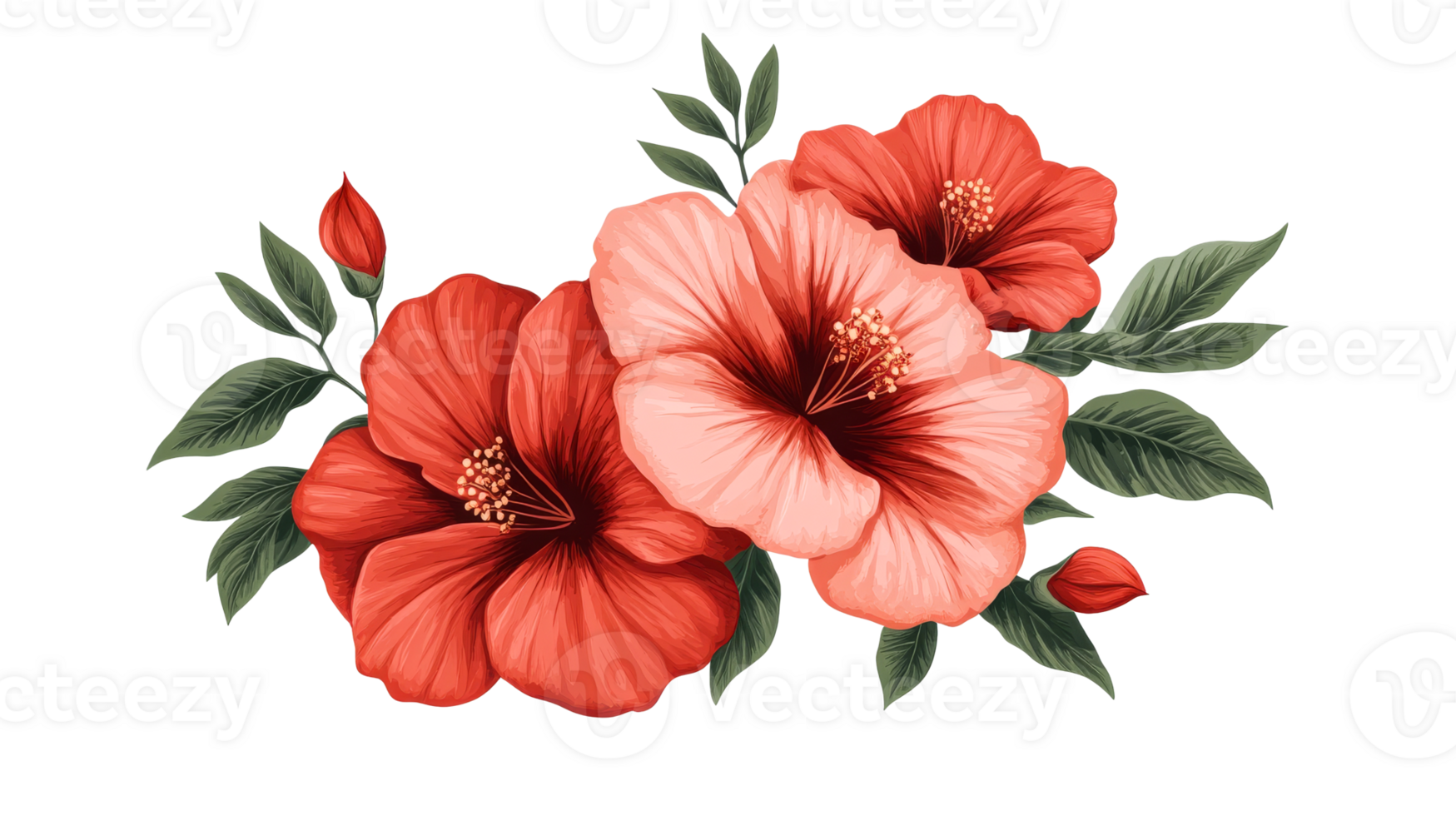 Hibiscus flowers arrangement, petals, leaves, vibrant colors, cut out transparent png